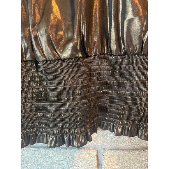 Shiny Black Metallic V-Neck Top With Ruffle Sleeves & Smocked Waist - Picture 3 of 7